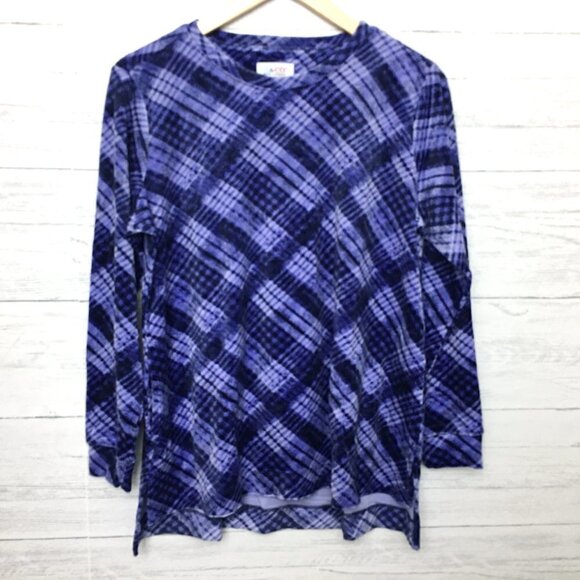 NEW Denim & Co. Women's Blue Plaid Top Velour Pullover Long Sleeves Hi Low Hem M - Picture 10 of 10